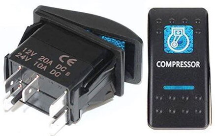 Podsvietený kolískový vypínač 12V/20A, modrý, COMPRESSOR