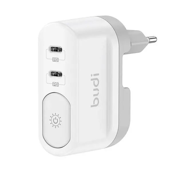 Sieťová nabíjačka BUDI 050616 cestovná, 2xUSB-C, nočné LED svetlo